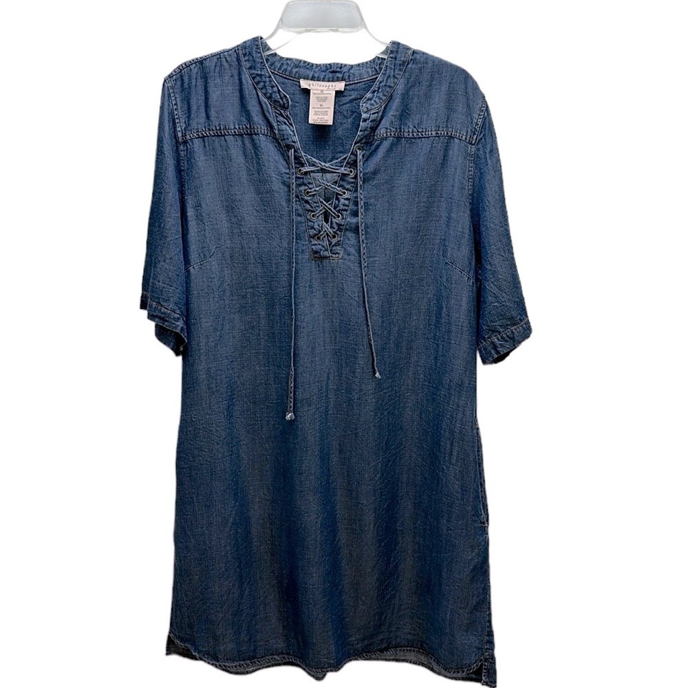 Philosophy 100% Tencel Lyocell Chambray Lace up Front Detail‎ Dress XL Pockets